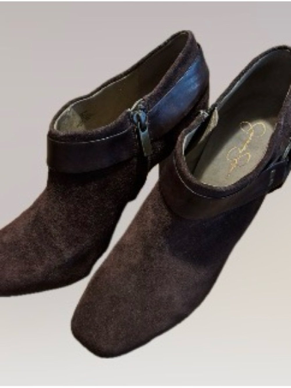 Jessica Simpson Dark Brown Suede Ankle Booties with zip and side strap detail